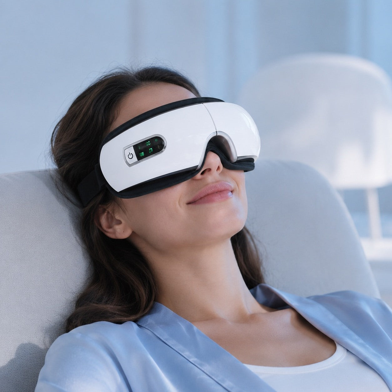 A woman reclining in a light armchair, smiling, wearing the massager over her eyes
