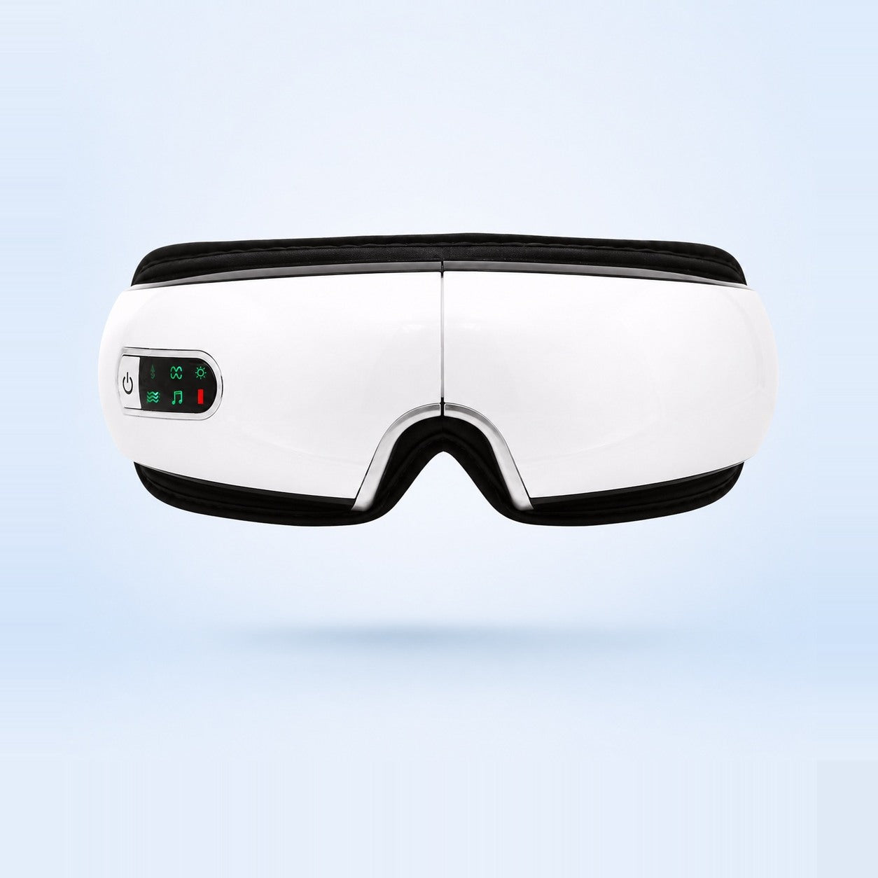 Front view of the white massager with the nose cut-out and black padded rim